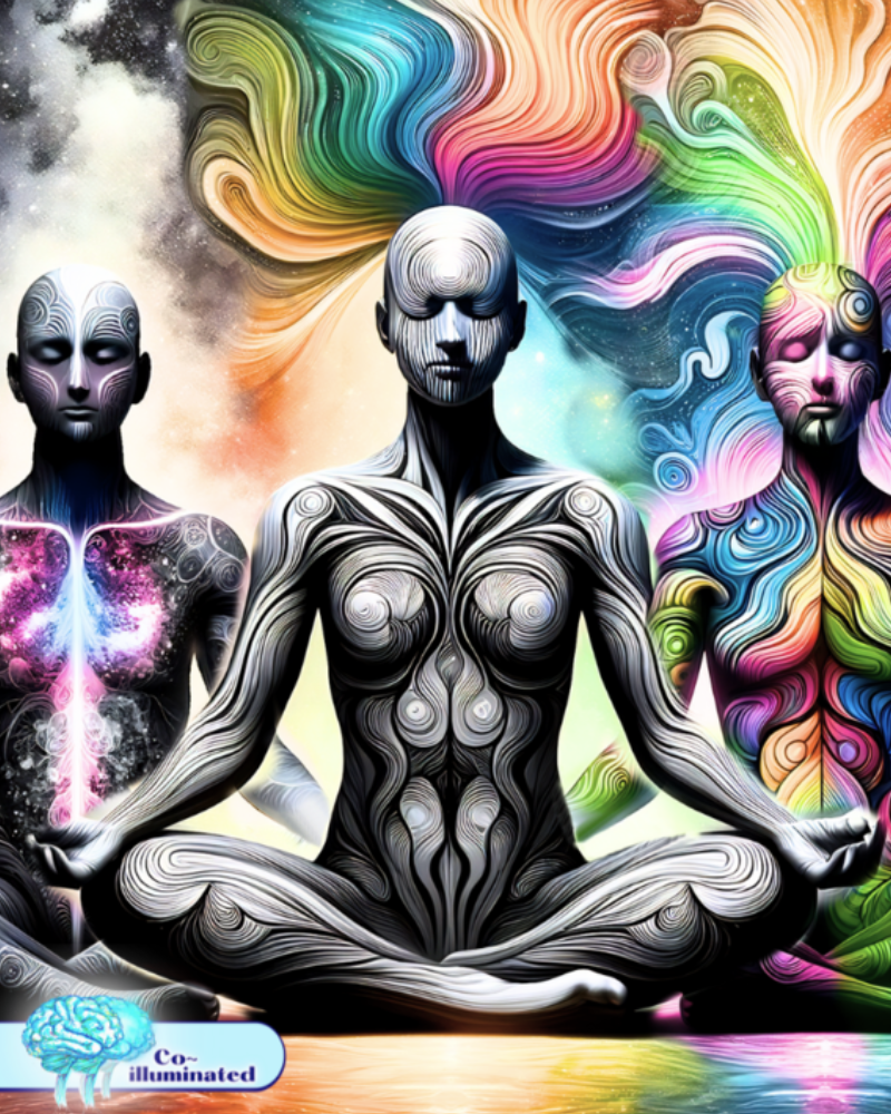 Three figures representing different expereinces of emotions  sit quietly as if in meditation - each figure is illustrated as a unique blend of linework and colours - one completely black and white with colours swirling around their head, one with black and white clouds around their head and colourful deep space illustations on their chest, the last figue completely filled and surrounded by swirling colours. The co=illuminated logo appears in the bottom left. The artwork was created and edited by JuliaArtsJulia and DALL-E to representing Julia's 'Beyond the Seen Within the Felt' experiential program exploring emotions for neurodivergent individuals.