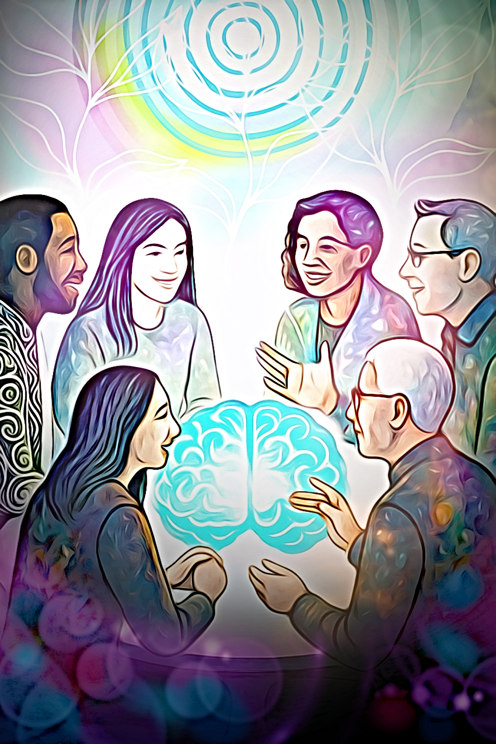 An illustration of two figures talking, listening, and attuning to each other - represented in bright swirling colours that bothe differ an mimic each other in a process of exchange, The Co-illuminated logo of two brains lighting up appears above them within the cloud of colurs surrounding the conversation, which is surrounded by clouds of black and white toward the outer edges of the image. image created and edited by JuliaArtsJulia of Complex Strengths and DALL-E