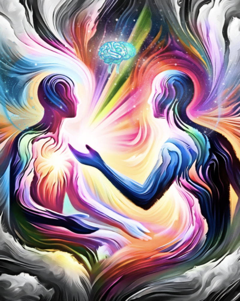 Two brightly coloured figuges sit explaining things to one another, the image is full of light representing recognition, and two connected brains float above them.