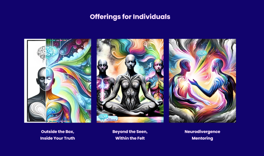 A gallery of four brightly coloured images that illustrate coaching and mentoring packages. Titles are: Outside the box, inside your truth - Beyond the seen, within the felt - Neurodivergence Mentoring - CO-illuminated Tarot Coaching