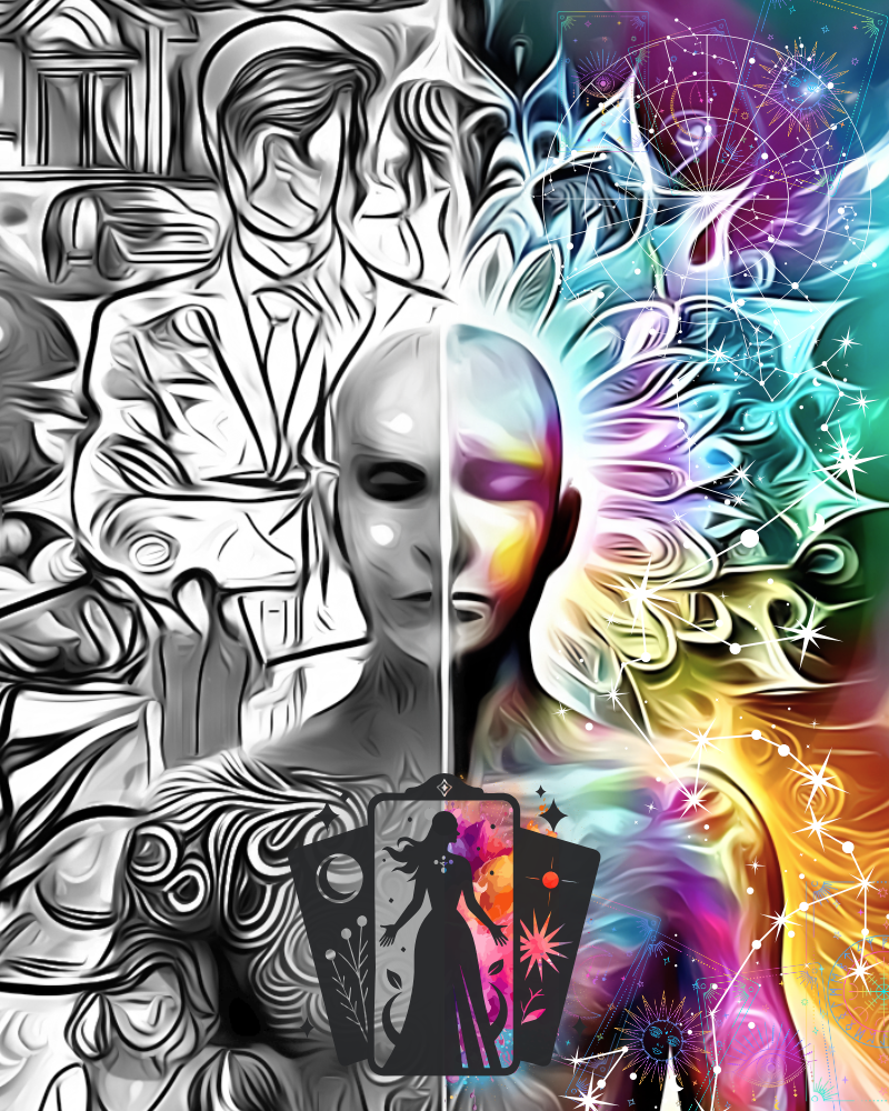 An illustration of a figure, the left side in black and white surroundes by muddled up monotone imagery of life demans such as relationships, housing, cars, work, family, needing to put on a facade. The centre of the chest has a representation of tator cards and the right hand side of the image is brigh colours, constellations, mapping and consciousness imagery. image created and edited by JuliaArtsJulia of Complex Strengths and DALL-E
