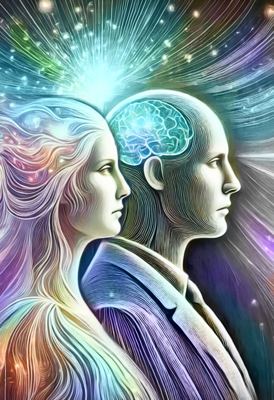 Rethinking Leadership. Re-imagining Yourself. A male and female figure stand shoulder to shoulder, they look focused and self-assured. The image is slightly magical in atmosphere because Mages are sovereign beings with the knowledge and self-assuredness to guide the reality around them. Illustration created and edited by Julia Harris and DALL-E