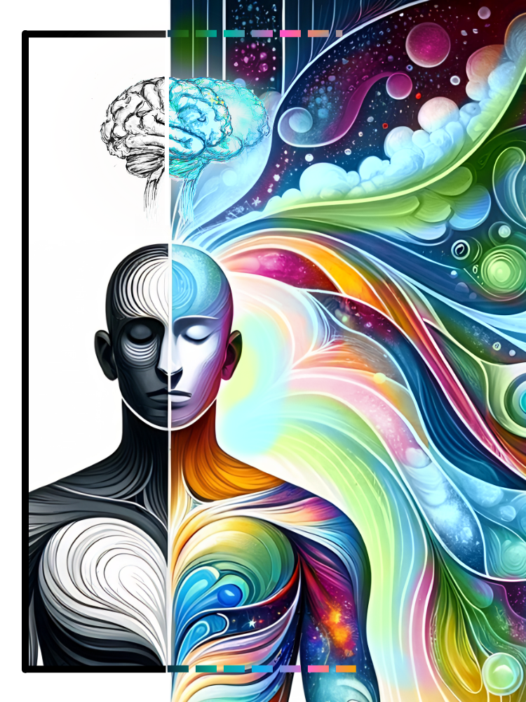 Outside the Box, Inside Your Truth. Image is a stylish illustration with a human represented half inside a box in black and with, and half in vibrant swirling colours, surrounded by swirling colours eminating from the humans mind once outside the box. Illustration created and edited by Julia Harris and DALL-E